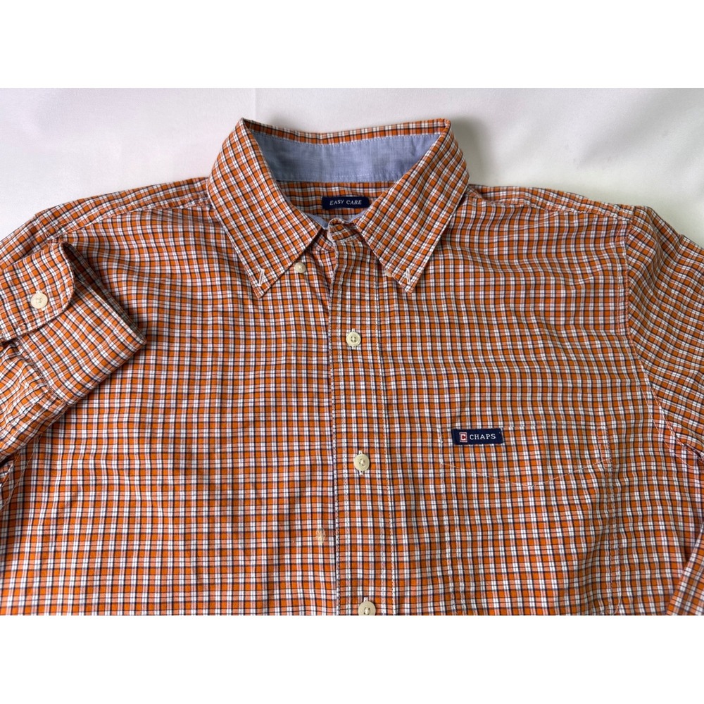 Chaps Mens Medium Plaid Button‎ Down Shirt Easy Care Orange White Casual